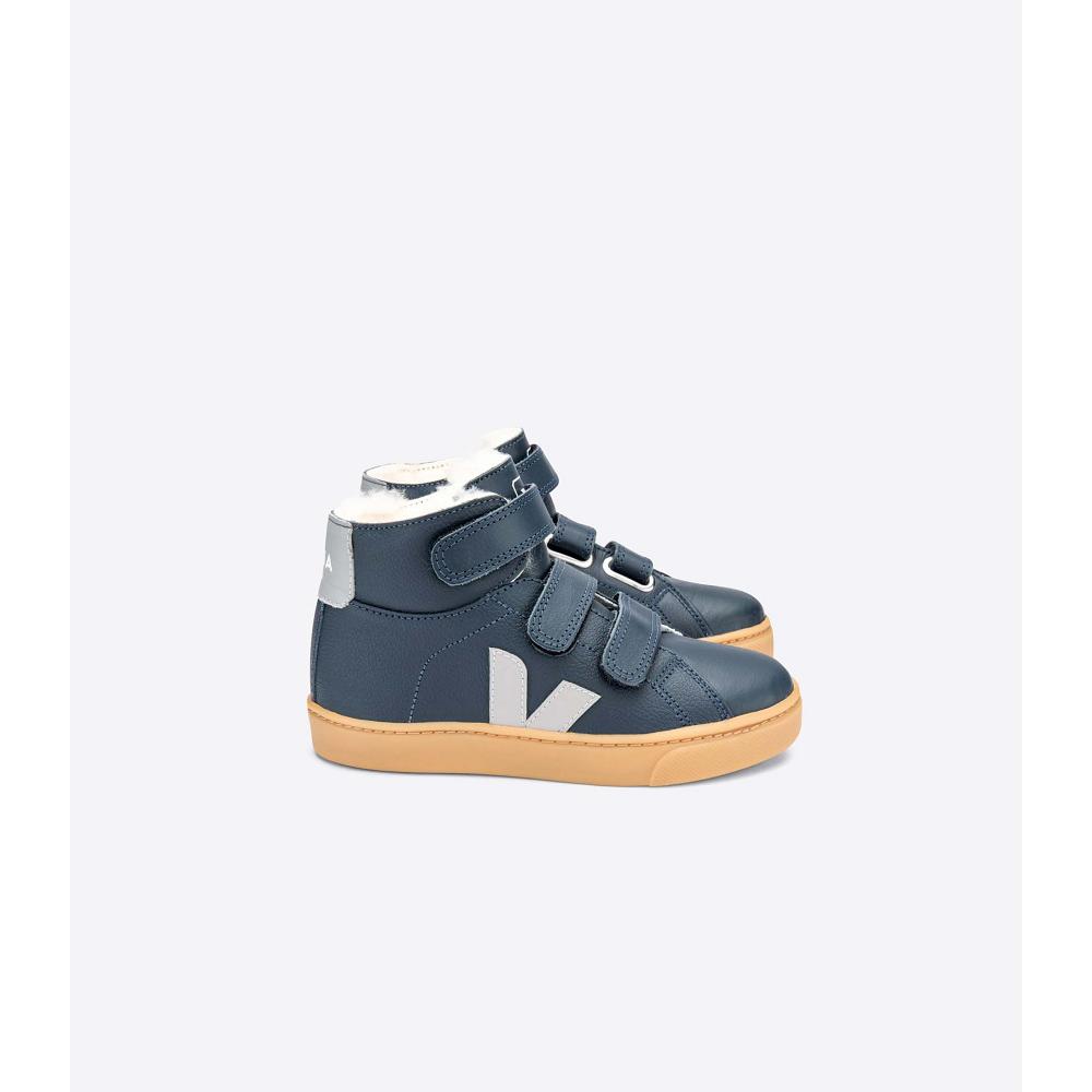 Veja ESPLAR MID FURED LEATHER Kids\' High Tops Navy | CA 686EBC